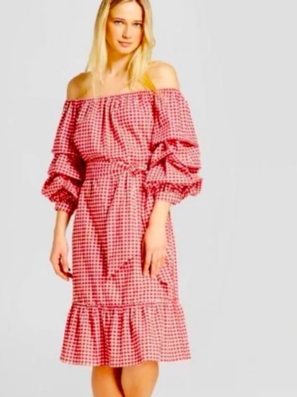 Who What Wear Red Gingham Off-Shoulder Midi Dress with Tie Waist